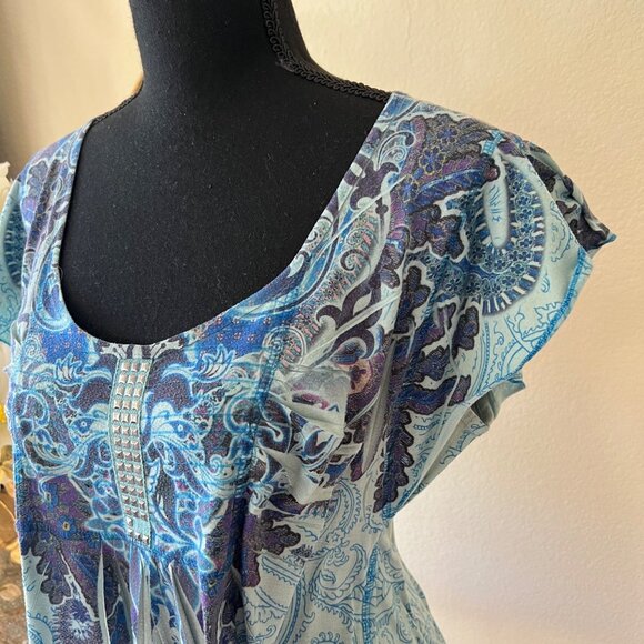 Y2K Floral Flowy Blue Flutter Sleeve Scoop Neck Stretchy Top - Picture 2 of 8